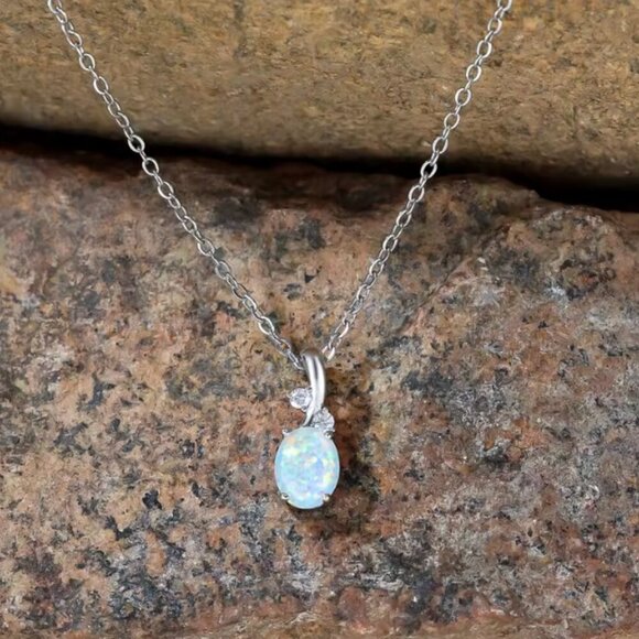 NEW 18k White Gold Opal Necklace Diamond Opal Pendant Necklace - Picture 6 of 7
